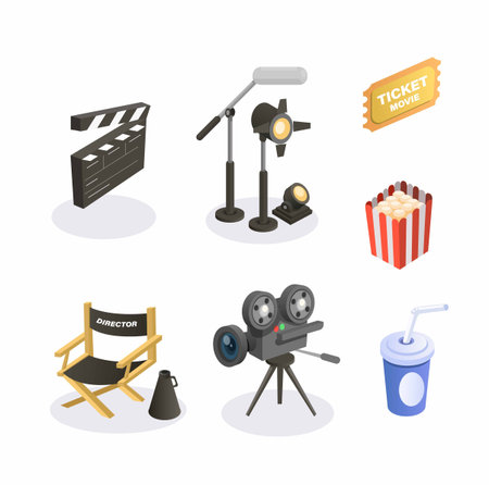 Movie maker, cinema industry symbol icon set isometric illustration vectorのイラスト素材