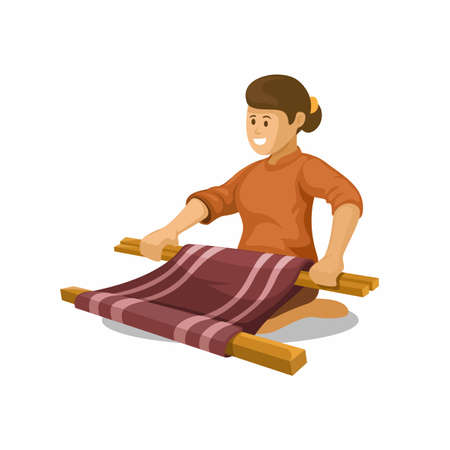 Woman weaving craft aka Tenun traditional woven textile handmade process clothes fabric asian craft illustration vectorのイラスト素材
