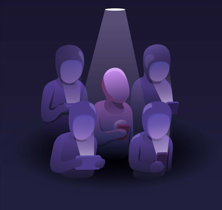 Group people gadget addiction with spotlight. technology mental health problem scene cartoon...