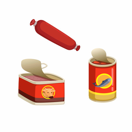 Canned food, sardine and sausage symbol set cartoon illustration vectorのイラスト素材