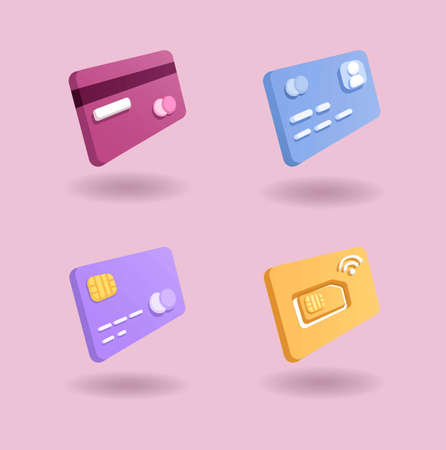 Card Debit, Credit, Sim Card and Identity card set 3d clay illustration editable vectorのイラスト素材