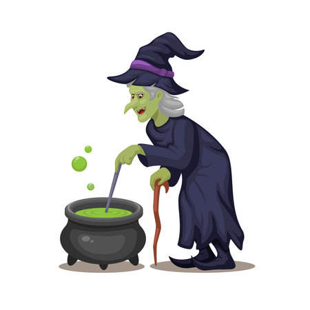 Witch granny making magic potion on cauldron character illustration vectorのイラスト素材