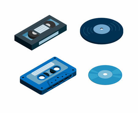 Music and Movie media. Vhs tape. cassete, cd and vinyl collection set illustration isometric vectorのイラスト素材