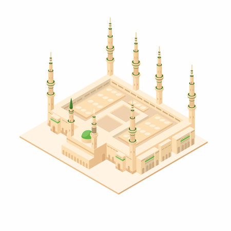 Al Masjid Nabawi mosque at Madinah Saudi Arabia famous religion building landmark isometric illustration vectorのイラスト素材