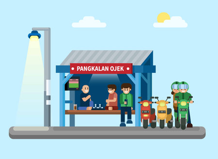 Pangkalan Ojek is Indonesian taxi bike station building scene illustration vectorのイラスト素材