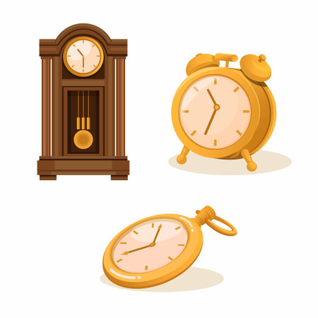 Clock, cabinet clock and pocket watch object set illustration vectorのイラスト素材
