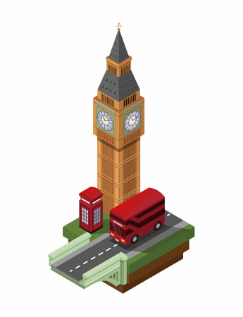 Big Ben building with Telephone box and Double Decker Bus famous landmark at London, England  illustration isometric vectorのイラスト素材