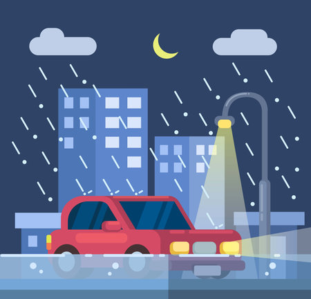 Car at raining night and flood disaster scene illustration vectorのイラスト素材