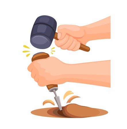 Hand holding chisel, wood sculpture craft work tool symbol illustration vectorのイラスト素材