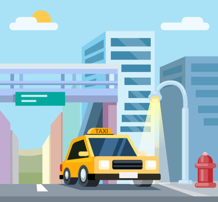 Taxi in The City at Day Time scene illustration vectorのイラスト素材