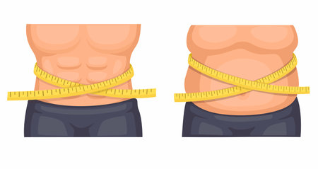 Man belly fit and fat comparison with ribbon ruler illustration vectorのイラスト素材