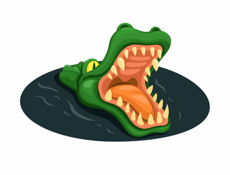 Crocodile open mouth while swimming on river cartoon illustration vectorのイラスト素材