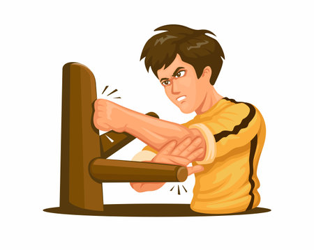 Kungfu man training with wooden dummy character cartoon illustration vectorのイラスト素材