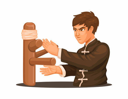 Kungfu master practicing with wooden dummy cartoon illustration vectorのイラスト素材