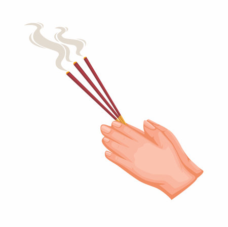 Hand holding incense stick buddhist praying religion symbol cartoon illustration vectorのイラスト素材