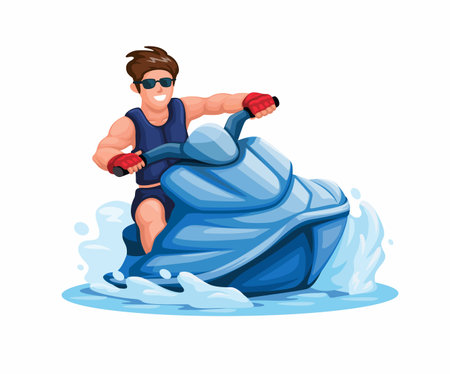 Man riding Jet Ski water sport character cartoon illustration vectorのイラスト素材