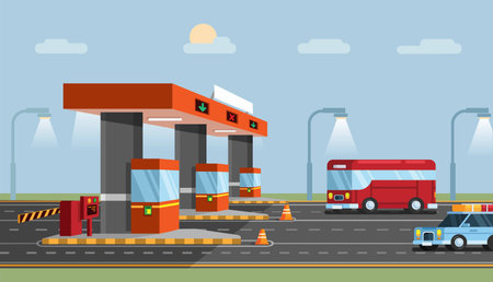 Highway Toll Gate. Car City Transport Road flat cartoon illustration vectorのイラスト素材