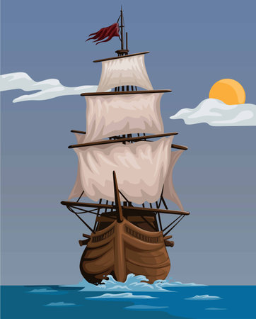 Pirate Ship Wooden Ancient Watercraft Cartoon illustration Vectorのイラスト素材
