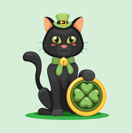 Black Cat with Clove Coin St Patrick Day Season Character Cartoon illustration vectorのイラスト素材