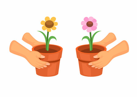 Hand holding Flower Pot Houseplant Decoration Symbol Set Cartoon illustration vectorのイラスト素材