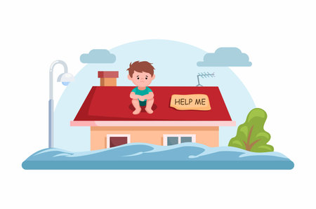 Boy Sitting on The Roof house Surviving Flood Disaster Cartoon illustration vectorのイラスト素材