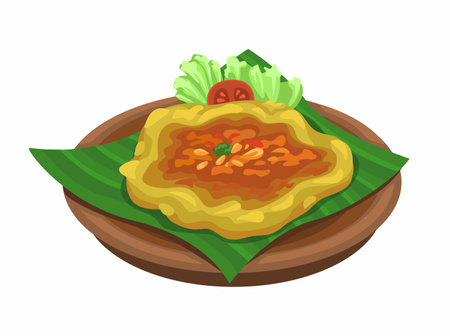 Kerak Telor Indonesian Traditional Street Food Making From Egg and Rice Food Symbol Cartoon illustration Vectorのイラスト素材