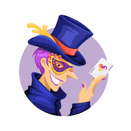 Joker Avatar Mascot. Mysterious Man Wear Masquerade Mask Vectorのイラスト素材