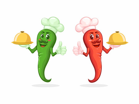 Red And Green Chili Hold Food Tray. Spicy Food Mascot Cartoon illustration Vectorのイラスト素材