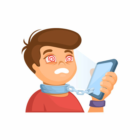 Boy His Neck Tied To A Chain To A Smartphone. Gadget Addiction Problem Metaphor illustration Vectorのイラスト素材