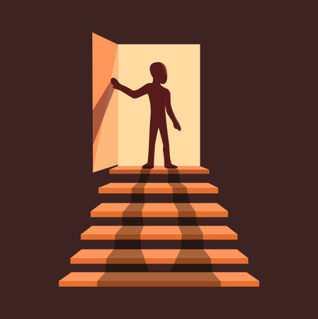 Silhouette Of Person Standing At The Door Above The Stairs illustration Vectorのイラスト素材