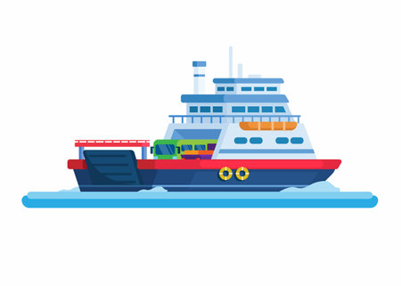 Ferry Ship Transportation Flat Design Illustration Vectorのイラスト素材