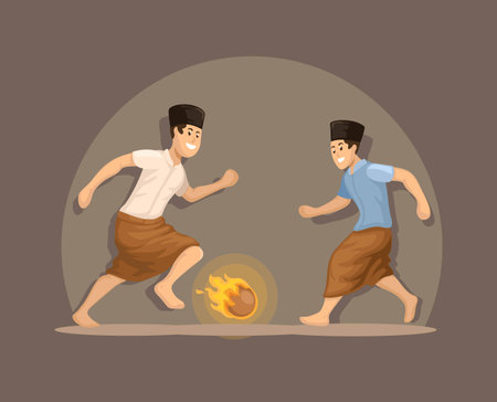 Fireball Soccer With Sarong Indonesian Traditional Game Cartoon illustration Vectorのイラスト素材