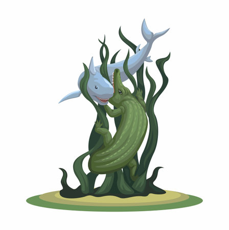 Shark And Crocodile Surabaya, Indonesia Landmark Mascot Cartoon illustration Vectorのイラスト素材