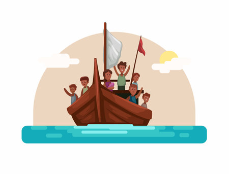 Refugee Ship Sailing On The Sea Cartoon illustration Vectorのイラスト素材