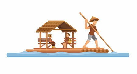 Bamboo Raft Traditional Water Transportation In Villages Illustration Vectorのイラスト素材