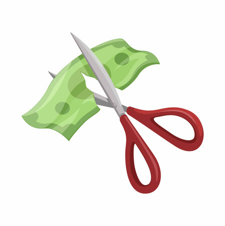 Scissors Cutting Money Paper, Economy Metaphor Symbol Cartoon Illustration Vectorのイラスト素材