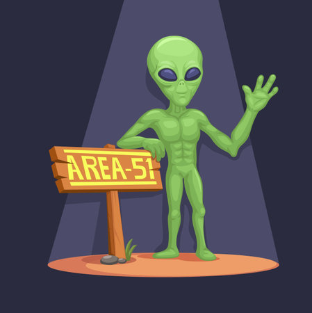 Alien At Area 51 Road Sign Cartoon Illustration Vectorのイラスト素材