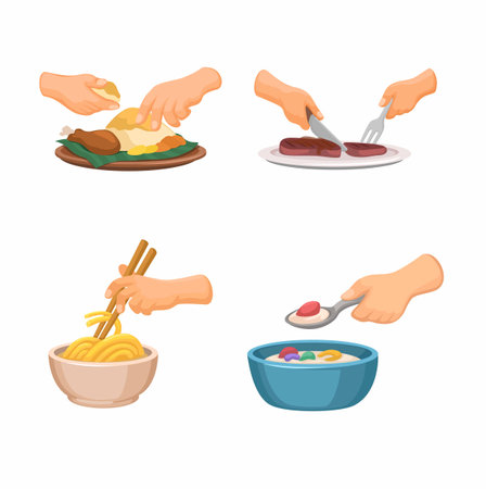 Various Ways of Eating Using Hands and Cutlery Symbol Set Cartoon Illustration Vectorのイラスト素材