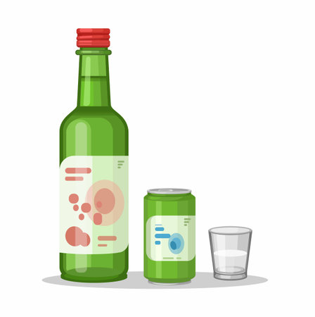 Soju drink Bottle Can and Glasses Object Set Illustration Vectorのイラスト素材