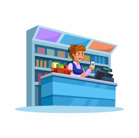 Convenience Store Cashier With Smartphone Cartoon Illustration Vectorのイラスト素材