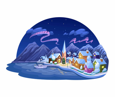 Winter Village with Snow, Christmas Tree, and Northern Lights Cartoon Illustration Vectorのイラスト素材
