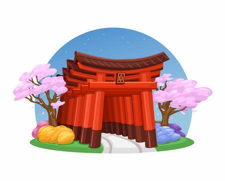 Japanese Torii Gate with Cherry Blossom Trees â Traditional Shrine Illustrationのイラスト素材