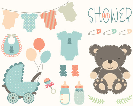 Baby shower elements on white background, vector illustration.のイラスト素材