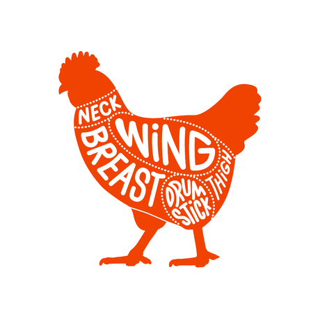 Chicken meat part cuts diagram for butcher shop. Chicken facing left.  Vector illustration.のイラスト素材