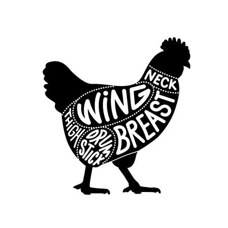 Chicken cuts diagram facing right. Chicken meat part cuts diagram for butcher shop. Vector illustration.のイラスト素材