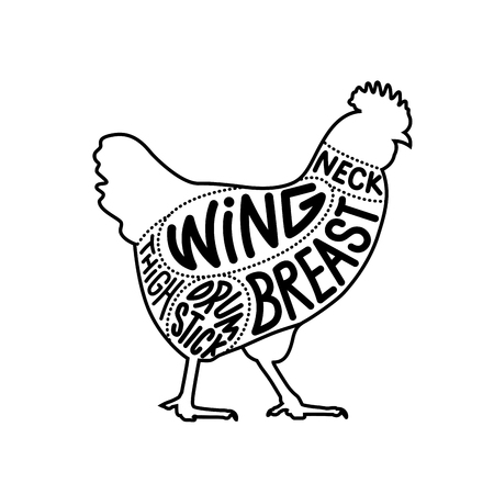 Chicken cuts diagram facing right outline stoke. Chicken meat part cuts diagram for butcher shop. Vector illustration.のイラスト素材