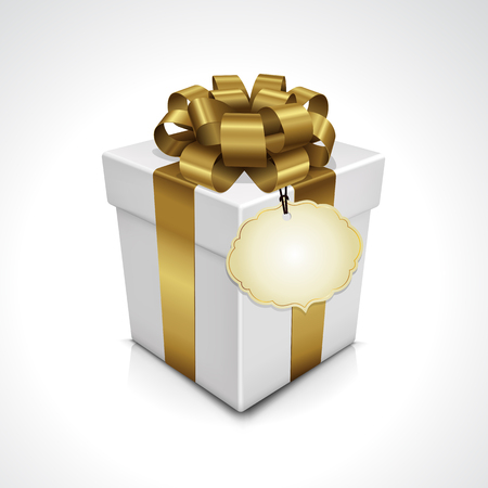 White gift box with gold ribbon bow with tagのイラスト素材