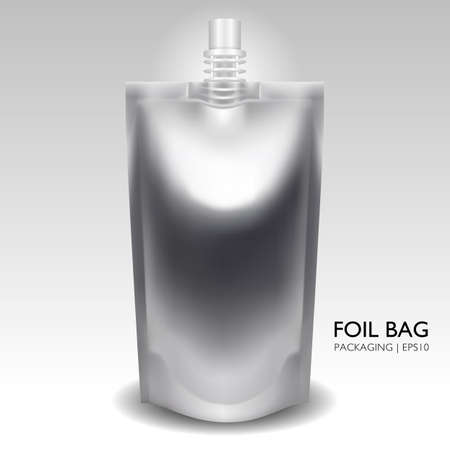 Packaging mock up vector. Silver blank foil bag packaging with lid for liquid, sauce, mayonnaise, ketchup, beverage, drink or food. Blank spout pouch, bag foil or foil packaging.のイラスト素材