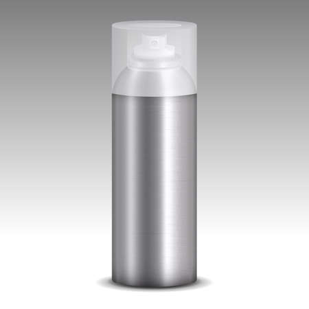 A can of aerosol in stainless steel with white lid. Mock-up packaging. Silver metallic spray canned model vector on gradient background.のイラスト素材