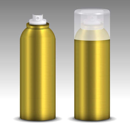 Metallic gold spray canned model vector on gradient background. Aerosol cans in gold color with white curved lid and without lid. Mock-up packaging.のイラスト素材
